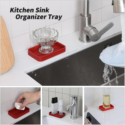 Silicone Kitchen Sink Organizer Tray for Multiple Usage,Easy Clean Sponges Holder for Kitchen Bathroom Counter or Sink,Dish Soap Dispenser,Scrubber,Bottle,Cup Red 4.9”x 3.2”