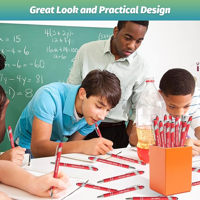 60 Piece Inspirational Pens Kit with Stylus Tip & Sayings – 30 Motivational Pen + 30 Individual Bags – Uplifting Quote & Positive Ideas – For Teachers, Office, School, Meetings, Team (Christmas Red)