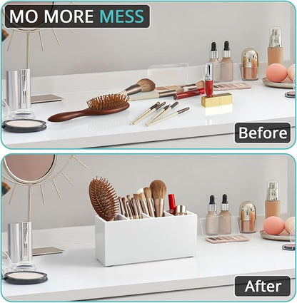 Bivvclaz Pencil Pen Holder for Desk, Wooden Office Desk Organizers and Accessories with 4 Slots for Countertop, Makeup Brush Holder Organizer for Bathroom Vanity, Silverware Caddy for Party, White