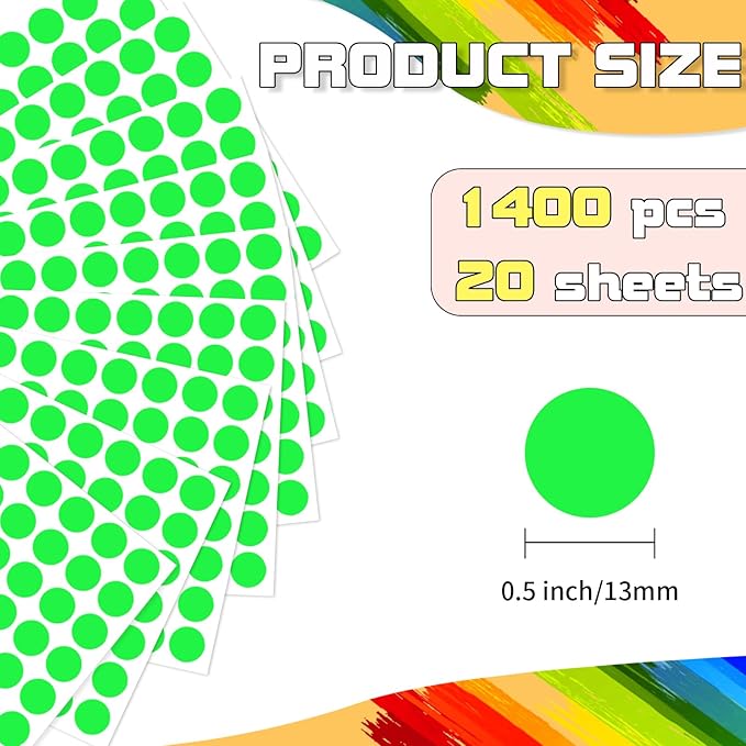 Dot Stickers - 1/2 Inch Fluorescent Green Circle Labels, 1400pcs Self-Adhesive Writable Color Coding Round Stickers for Office, Classroom, Garage Sale