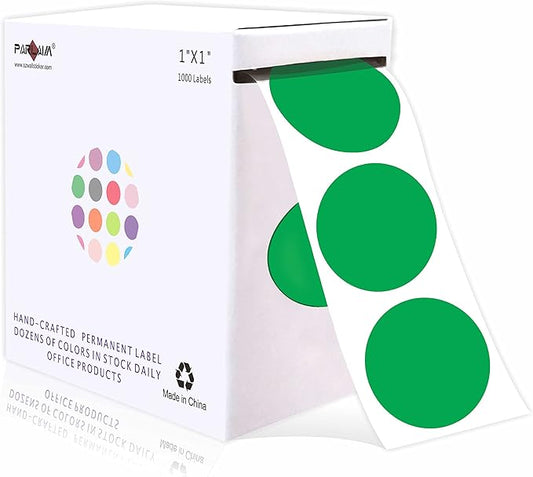 PARLAIM 1 Inch Round Permanent Adhesive Color-Code Dot Stickers,1000 per Roll dots Label Dispenser Box,Green Circle Stickers Label(Green)