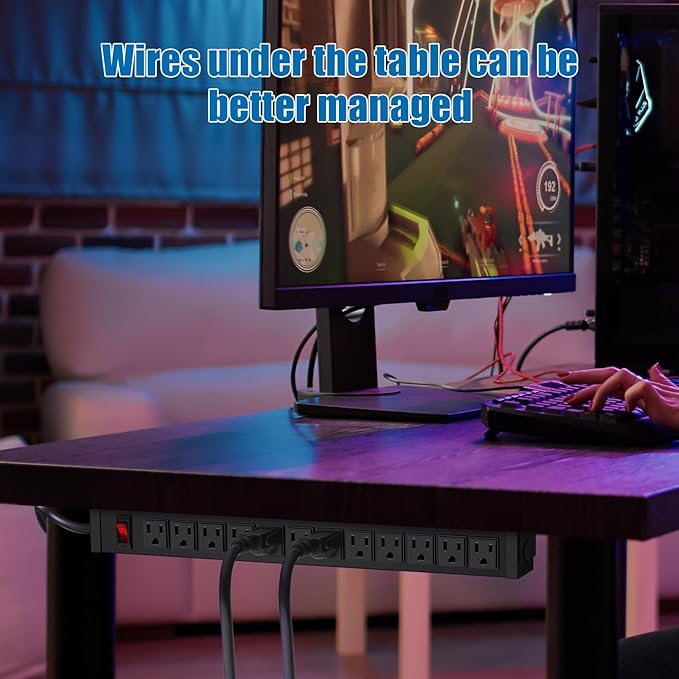 HHSOET 2 Pack Rotating Mountable Power Strip, 12 Outlet Wall Mount Surge Protector, Metal Heavy Duty and Versatile Outlet Strip, Stylish Appearance, Sturdy and Durable, 6ft Power Cord.(Black)