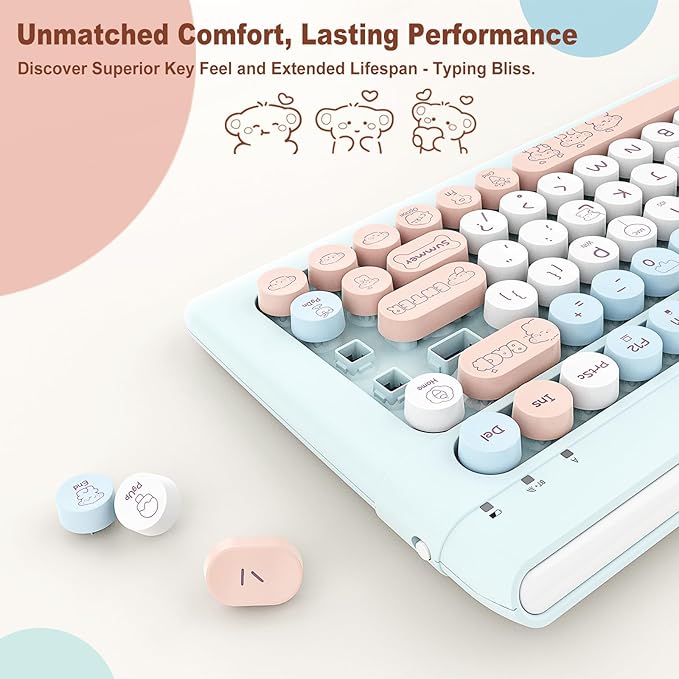 Wireless Bluetooth Keyboard for iPads Tablet Mac PC Laptop Desktop Smart Phone,Cute Typewriter Style Computer Keyboard with Round Raised Keys,Colorful Mini iPad Keyboard for Kids Girl Women-Cream Blue
