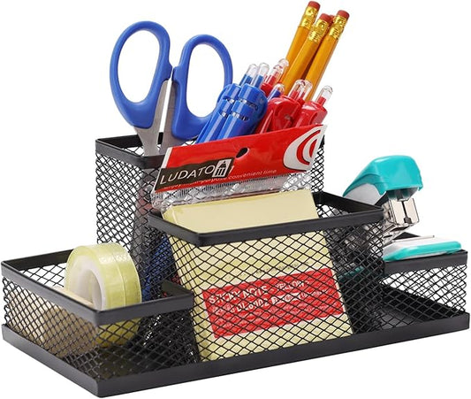 Ludato Desk Organizers Pen Holder for Desk, 4 Compartments Black Mesh Pen Holder Storage for Office Desk Accessories