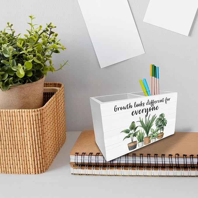 Inspirational Pen Holder for Desk, Growth Looks Different for Everyone Wooden Box Sign Desk Decor for Therapy Office Decoration, Mental Health Pencil Organizer, Growth Mindset Decor