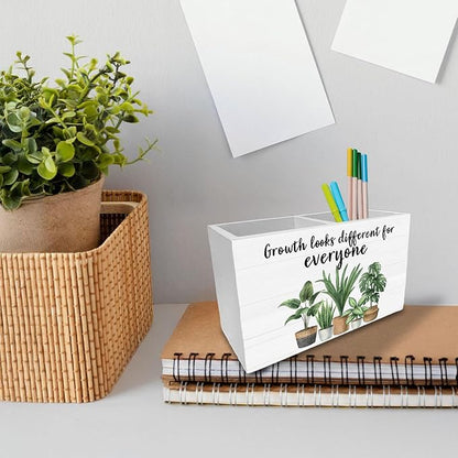 Inspirational Pen Holder for Desk, Growth Looks Different for Everyone Wooden Box Sign Desk Decor for Therapy Office Decoration, Mental Health Pencil Organizer, Growth Mindset Decor
