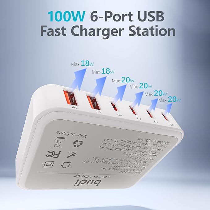 USB C Charger Power Hub, 100W 6-Port Charging Station Slim Wall Charger, Fast Charging Block Type-C for iPhone 16/15/14/13/12/11/Pro Max/XS/XR (6-Port)