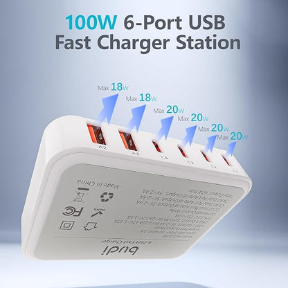 USB C Charger Power Hub, 100W 6-Port Charging Station Slim Wall Charger, Fast Charging Block Type-C for iPhone 16/15/14/13/12/11/Pro Max/XS/XR (6-Port)