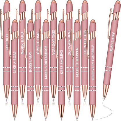 Zonon 12 Pcs Inspirational Pens Bulk Funny Ballpoint Pen with Stylus Tip Motivational Gifts for Christmas Teacher Coworkers Nurse School Office Supplies(Rose Gold,Boss Lady)