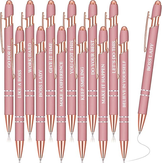 Zonon 12 Pcs Inspirational Pens Bulk Funny Ballpoint Pen with Stylus Tip Motivational Gifts for Christmas Teacher Coworkers Nurse School Office Supplies(Rose Gold,Boss Lady)