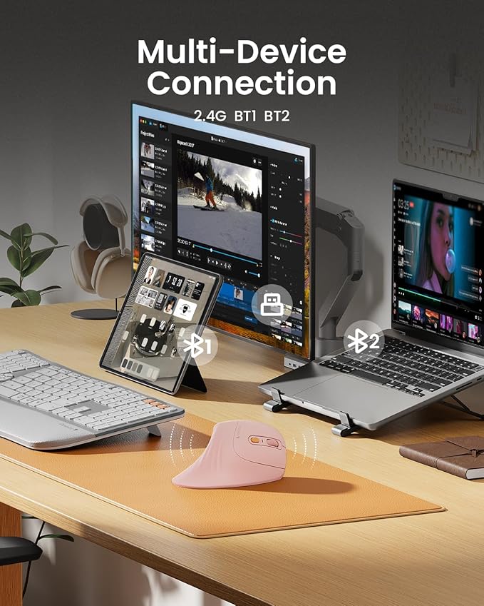 ProtoArc Ergonomic Vertical Mouse, EM11 NL Rechargeable Wireless Mouse Bluetooth, Ergo Mice with 3 Multi-Device for PC/Notebook/Laptop, 2.4GHz Optical Mice for Windows, Mac OS, Pink