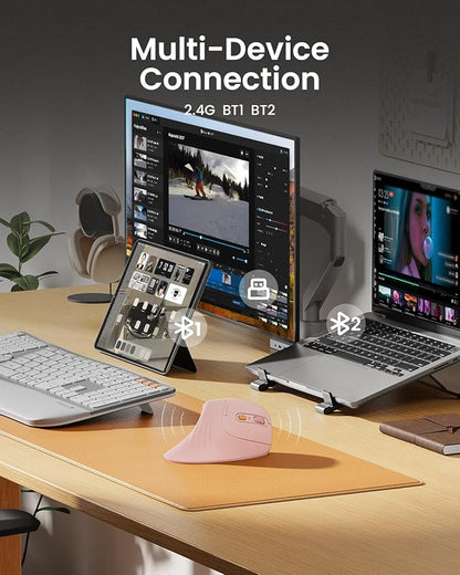 ProtoArc Ergonomic Vertical Mouse, EM11 NL Rechargeable Wireless Mouse Bluetooth, Ergo Mice with 3 Multi-Device for PC/Notebook/Laptop, 2.4GHz Optical Mice for Windows, Mac OS, Pink