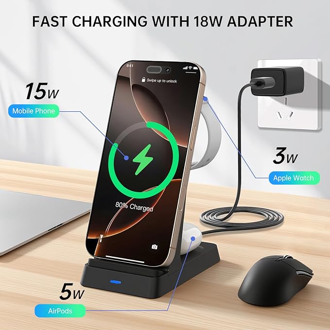 2025 3 in 1 Charging Station Fast Charging for iPhone,Wireless Charger for iPhone 17 16e 16 15 14 13 12 11 X Pro Max & Apple Watch - Wireless Charging Station for AirPods 4 3 2 Pro