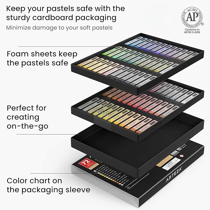 ARTEZA Soft Pastels for Artists, Set of 72 Chalk Pastels for Artists Sticks, Chalk Crayons Art Supplies for Drawing, Blending, Layering, and Shading