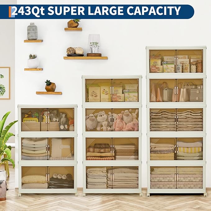 Garvee 243QT Stackable Storage Bins, Plastic Bins for Storage with Lids, Plastic Storages Drawers with Magnetic Doors & Wheels, Foldable Collapsible Closet Organizers for Home, Dorm, Office, White