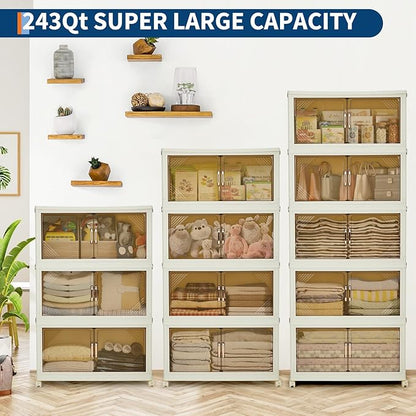 Garvee 243QT Stackable Storage Bins, Plastic Bins for Storage with Lids, Plastic Storages Drawers with Magnetic Doors & Wheels, Foldable Collapsible Closet Organizers for Home, Dorm, Office, White