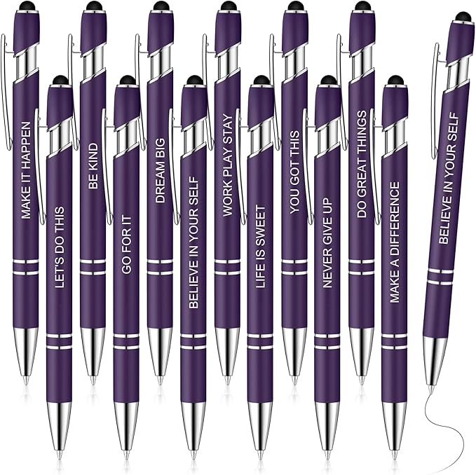 Zonon 12 Pcs Inspirational Pens Bulk Funny Ballpoint Pen with Stylus Tip Motivational Gifts for Christmas Teacher Coworkers Nurse School Office Supplies(Dark Purple,Motivational Style)