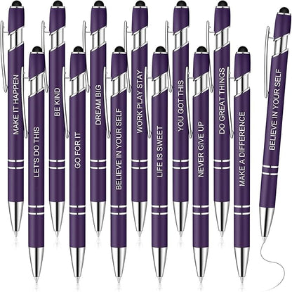 Zonon 12 Pcs Inspirational Pens Bulk Funny Ballpoint Pen with Stylus Tip Motivational Gifts for Christmas Teacher Coworkers Nurse School Office Supplies(Dark Purple,Motivational Style)