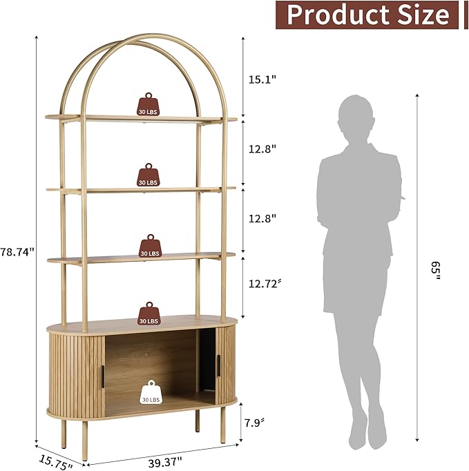 79" Tall Arched Bookshelf with Sliding Tambour Doors, Mid Century Modern Curved Bookcase Cabinet with Storage, 4-Tier Open Display Storage Shelf for Home Office, Living Room (Natural, 79inch)