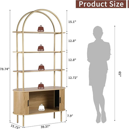 79" Tall Arched Bookshelf with Sliding Tambour Doors, Mid Century Modern Curved Bookcase Cabinet with Storage, 4-Tier Open Display Storage Shelf for Home Office, Living Room (Natural, 79inch)