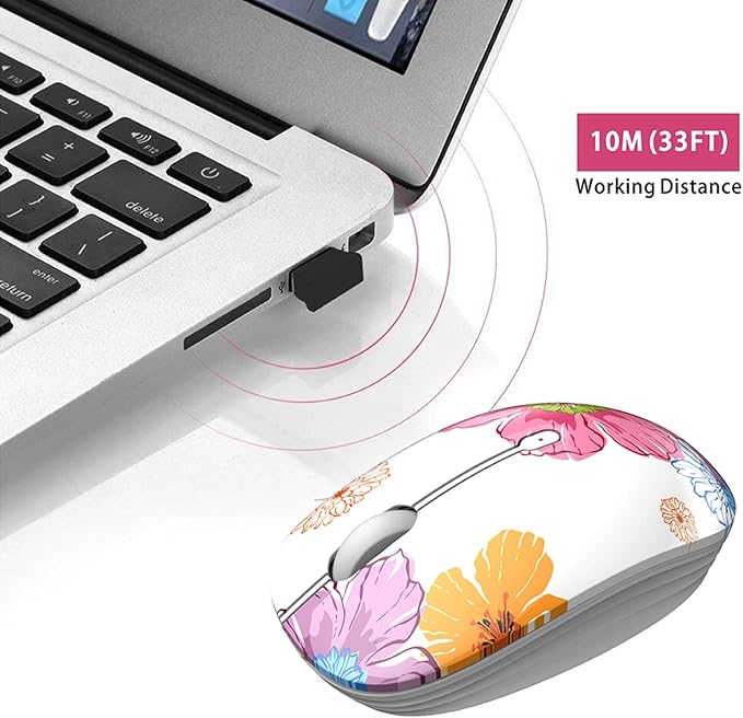 TENMOS M101 Wireless Mouse Cute Silent Computer Mice with USB Receiver, 2.4G Optical Wireless Travel Mouse 1600 DPI for Laptop, Notebook, PC, Computer (Flower)