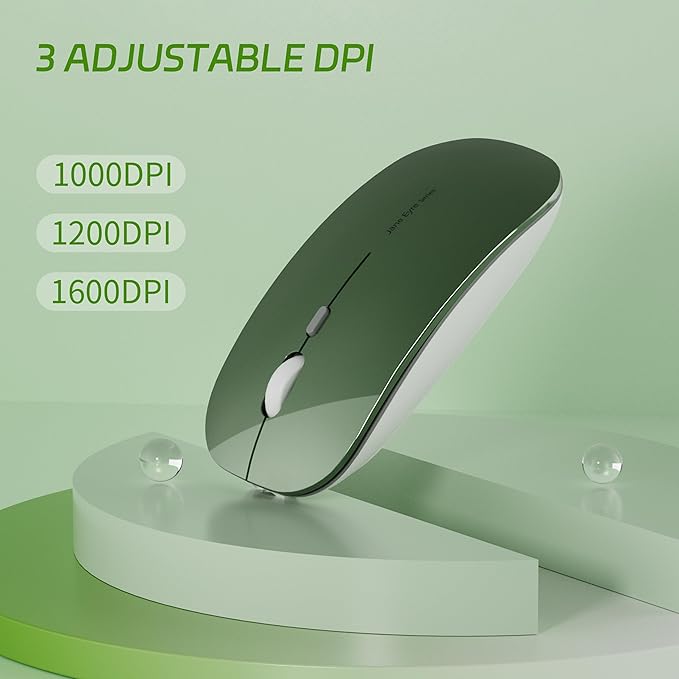 Uciefy Q5 Slim Rechargeable Wireless Mouse, 2.4G Portable Optical Silent Ultra Thin Wireless Computer Mouse with USB Receiver and Type C Adapter, Compatible with PC, Laptop, Desktop (Blackish Green)