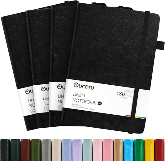 Oucaru Lined Journal Notebook, 4 Pack, 180 Pages, A5 Journals for Writing, 100 GSM Thick Paper, Small Notebooks Daily Journal for Women Men Work, Business, School, Travel Supplies