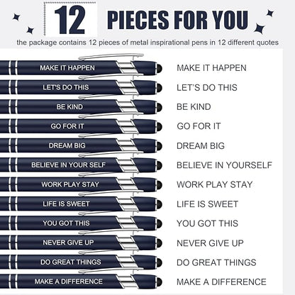 Zonon 12 Pcs Inspirational Pens Bulk Funny Ballpoint Pen with Stylus Tip Motivational Gifts for Christmas Teacher Coworkers Nurse School Office Supplies(Navy,Motivational Style)