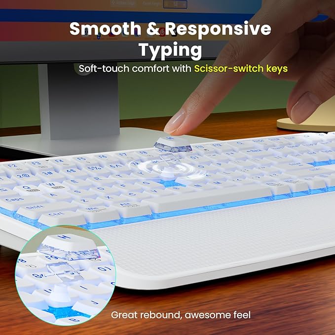 White Keyboard and Mouse Wireless Combo, 4000mAh Rechargeable Backlit Quiet Keyboards mice set, USB Ergonomic Key Board with Wrist Rest & Phone Holder for PC, Mac, Windows, Natural Soft Typing—SABLUTE