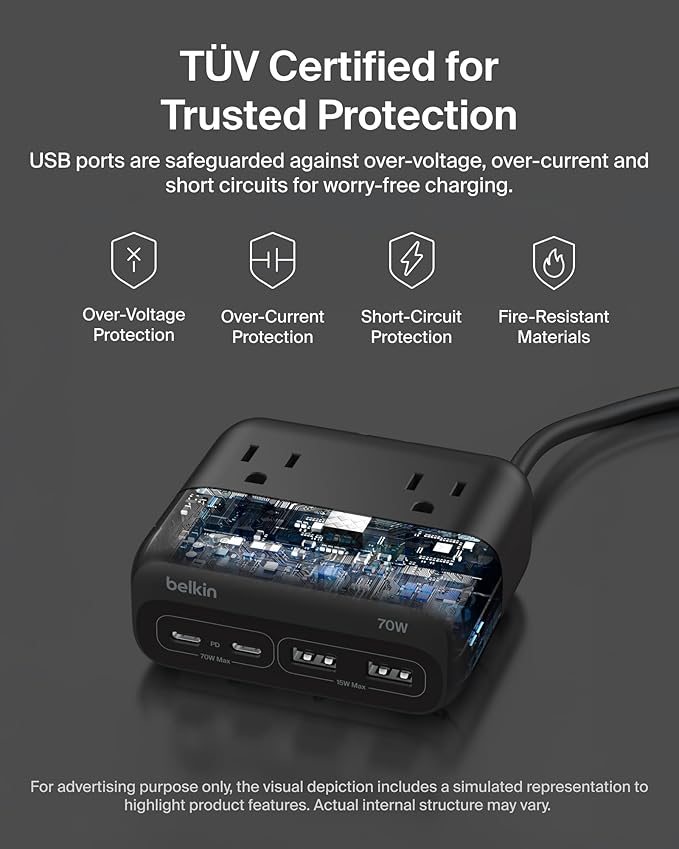 Belkin GaN Charging Station 70W, 7-in-1 Dual USB C Charger w/ 3X AC Outlets, 2X USB A Ports - Power Strip for iPhone, Apple Watch, iPad, MacBook, Chromebook, Samsung Galaxy, Pixel 10, & More - Black