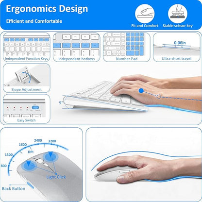 Wireless Keyboard and Mouse, GALENMORO Silent Quiet Combo Low Profile USB C Full Size Compact with Number Pad Flat Soft Touch Cordless for Mac Computer PC Laptop Macbook iMac Office - White and Silver