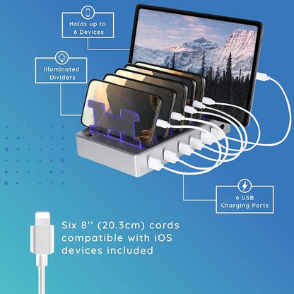 Charging Station for Multiple Devices, with 6 USB Fast Ports, Compatible with Cell Phones, Smart Phones, Tablets, and Other Electronics (Silver)