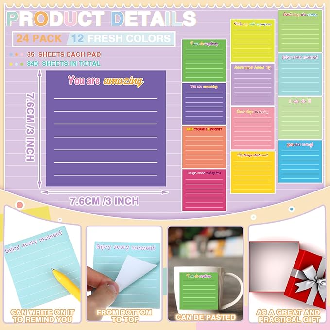 Yinder 24 Pcs Inspirational Sticky Notes Christmas Stocking Stuffers Motivational Sticky Notes Pad Employee Appreciation Gift Bulk for Teacher Nurse Coworker Office 3 x 3'' (Inspirational,Dark Color)