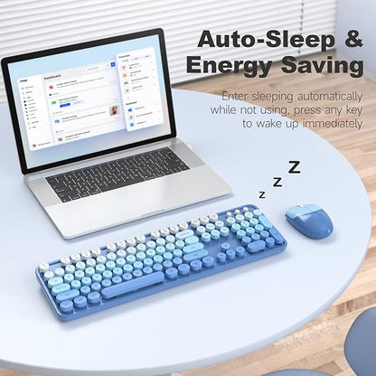 Wireless Keyboard and Mouse Combo, MOWUX Full Size Typewriter Retro Round Computer Keyboard, Cute Optical Mouse Wireless, Plug and Play, for Laptop, PC, Computer-Blue Gradient