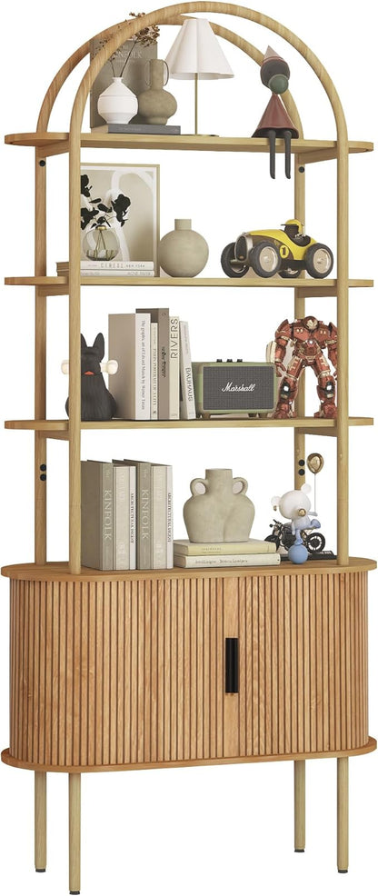 71" Tall Fluted Arched Bookshelf with Sliding Tambour Doors, Mid Century Modern Metal Curved Bookshelf Cabinet with Storage, 4-Tier Open Display Storage Shelf for Home Office, Living Room (Natural)