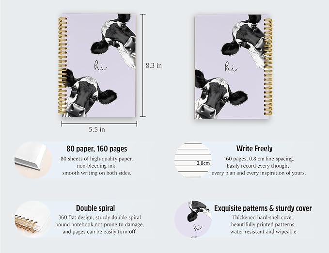 Cow Notebook Journal,Purple Cute Animal Notebook Journal for School Women Teen Girls Kids,Gifts for Cow Lovers,Hardcover Spiral Notebooks for Work Notes Journaling,5.5x8.3 Inch