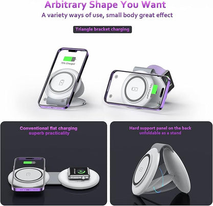 UCOMX Nano Mini Magnetic 2 in 1 Wireless Charger,Traveler Wireless Folding Charging Station,Compatible for iPhone 12/13/14/15/16 Pro Max,AirPods Pro,iWatch Ultra,Travel Charger for Multple Devices