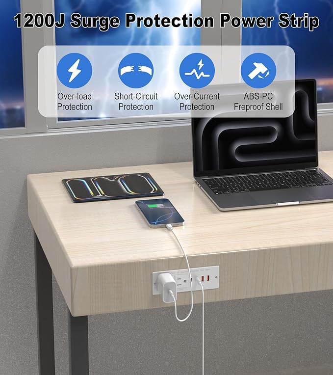 Drawer Outlet, Furniture Recessed Power Strip with 4 PD 30W USB Ports & 2 AC Outlets, Recessed Outlet for Conference Rooms, Office Tables, Furniture, 10FT Spring Cord (ETL Listed)