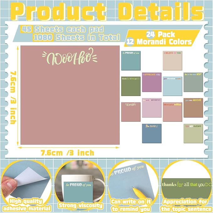 Yinder 24 Pcs Inspirational Sticky Notes Christmas Stocking Stuffers Motivational Sticky Notes Pad Employee Appreciation Gift Bulk for Teacher Nurse Coworker Office 3 x 3'' (Thank You,Morandi Color)