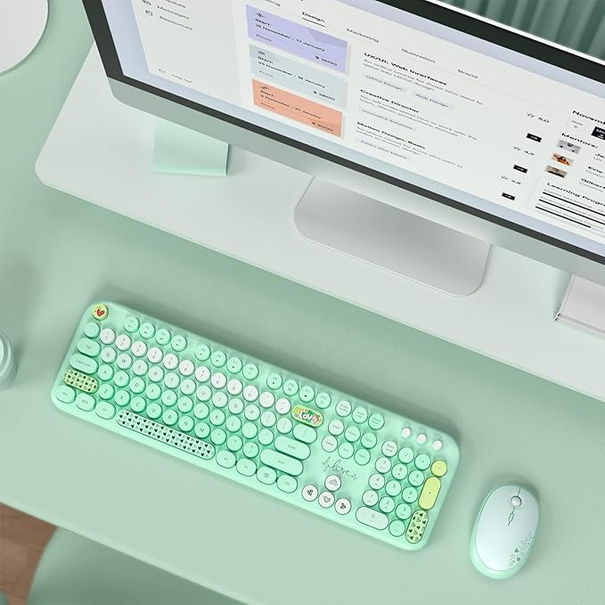 MOFII Wireless Keyboard and Mouse Combo, Full Size 2.4G Plug and Play Typewriter Retro Round Computer Keyboard and Mouse Set for Windows, Computer, Desktop, PC, Notebook - (Green Colorful)