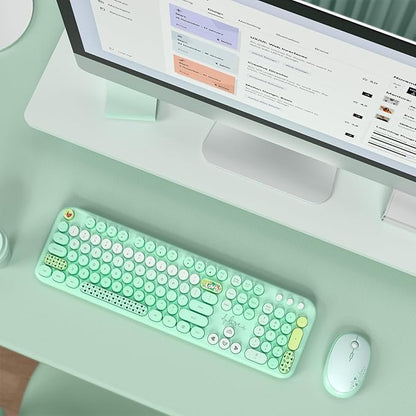 MOFII Wireless Keyboard and Mouse Combo, Full Size 2.4G Plug and Play Typewriter Retro Round Computer Keyboard and Mouse Set for Windows, Computer, Desktop, PC, Notebook - (Green Colorful)