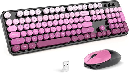MOFII Wireless Keyboard and Mouse Combo, Full Size 2.4G Plug and Play Typewriter Retro Round Computer Keyboard and Mouse Set for Windows, Computer, Desktop, PC, Notebook - (Black Pink Gradient)
