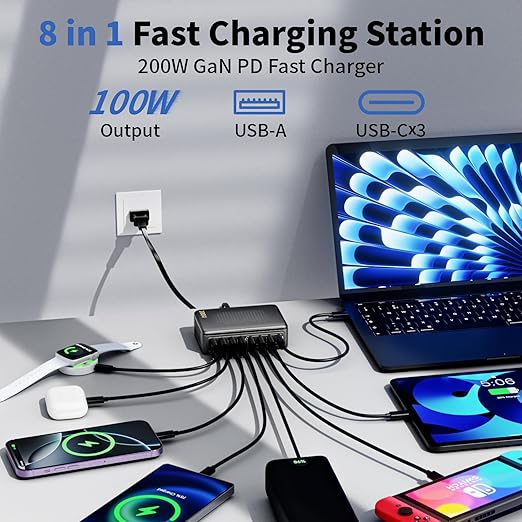 USB C Charger Block, 200W GaN 8 Port USBC Charging Station USB Hub Block Cube with PD3.0 Type C & USB A Wall Charger Power Adapter for Multiple Devices Apple iPhone 17/16/15,MacBook Pro/Air,iPad-Black