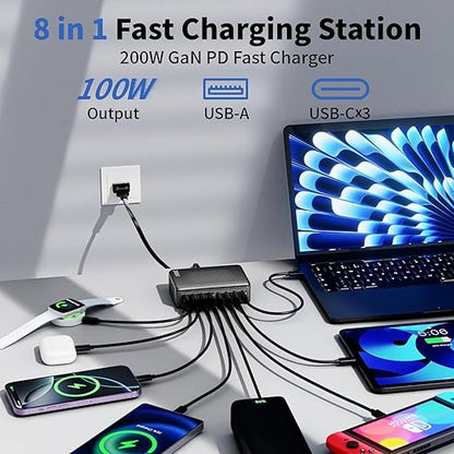 USB C Charger Block, 200W GaN 8 Port USBC Charging Station USB Hub Block Cube with PD3.0 Type C & USB A Wall Charger Power Adapter for Multiple Devices Apple iPhone 17/16/15,MacBook Pro/Air,iPad-Black
