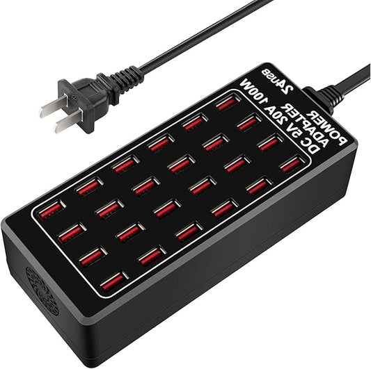 24-Port 100 watt (20 A) USB Charging Station, Travel Desktop USB Rapid Charger, Multi Ports Fast Charger Station Organizer Compatible with Smartphones, Tables, and More Devices