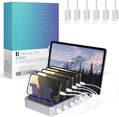 Charging Station for Multiple Devices, with 6 USB Fast Ports, Compatible with Cell Phones, Smart Phones, Tablets, and Other Electronics (Silver)