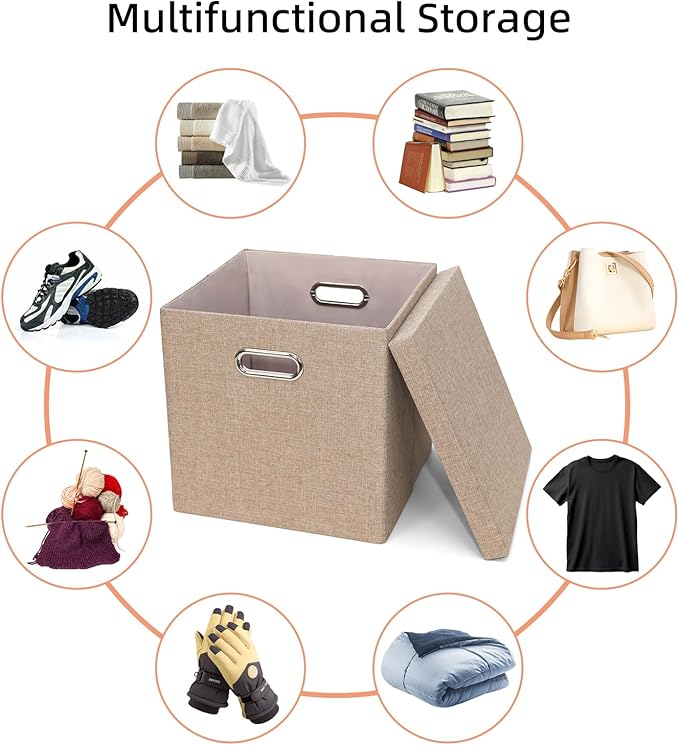 Storage Bins with Lids, Collapsible Linen Fabric Boxes Organizer Containers with Lid Foldable Storage Box Basket for Closet, Shelves, Home, Office, 12 x 12 x 12.4 Inch, 4 Pack, Khaki