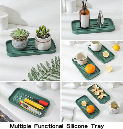 Silicone Kitchen Sink Organizer Tray for Multiple Usage,Eco-Friendly Sponges Holder for Kitchen Bathroom Counter or Sink,Dish Soap Dispenser,Scrubber,Bottle,Cup (Green, 10"×5.3")