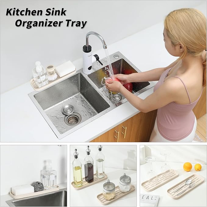Silicone Kitchen Sink Organizer Tray for Multiple Usage,Eco-Friendly Sponges Holder for Kitchen Bathroom Counter or Sink,Dish Soap Dispenser,Scrubber,Bottle,Cup (Tapioca, 12"×4")