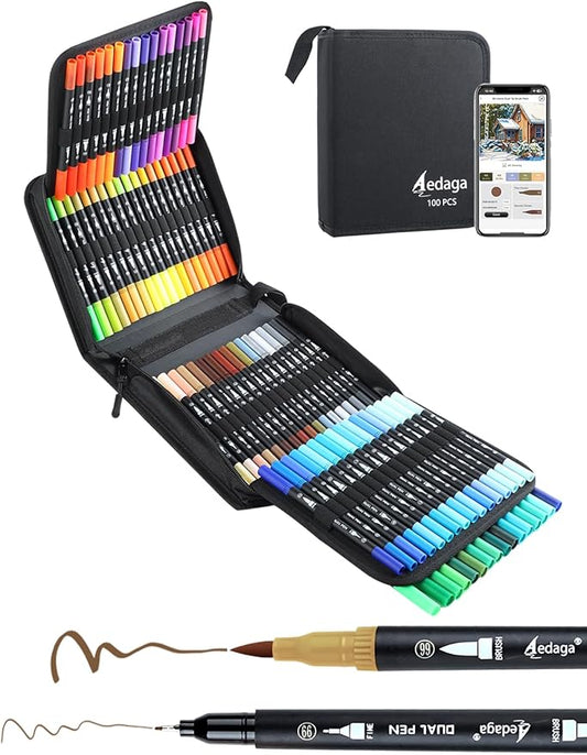 100 Colors Dual Brush Markers, Fine and Brush Tips Numbered Pens with App, for Adults and Kids, Coloring Book Bullet Journaling Note Taking Planner Hand Lettering Calligraphy Drawing Art Supplies Kit